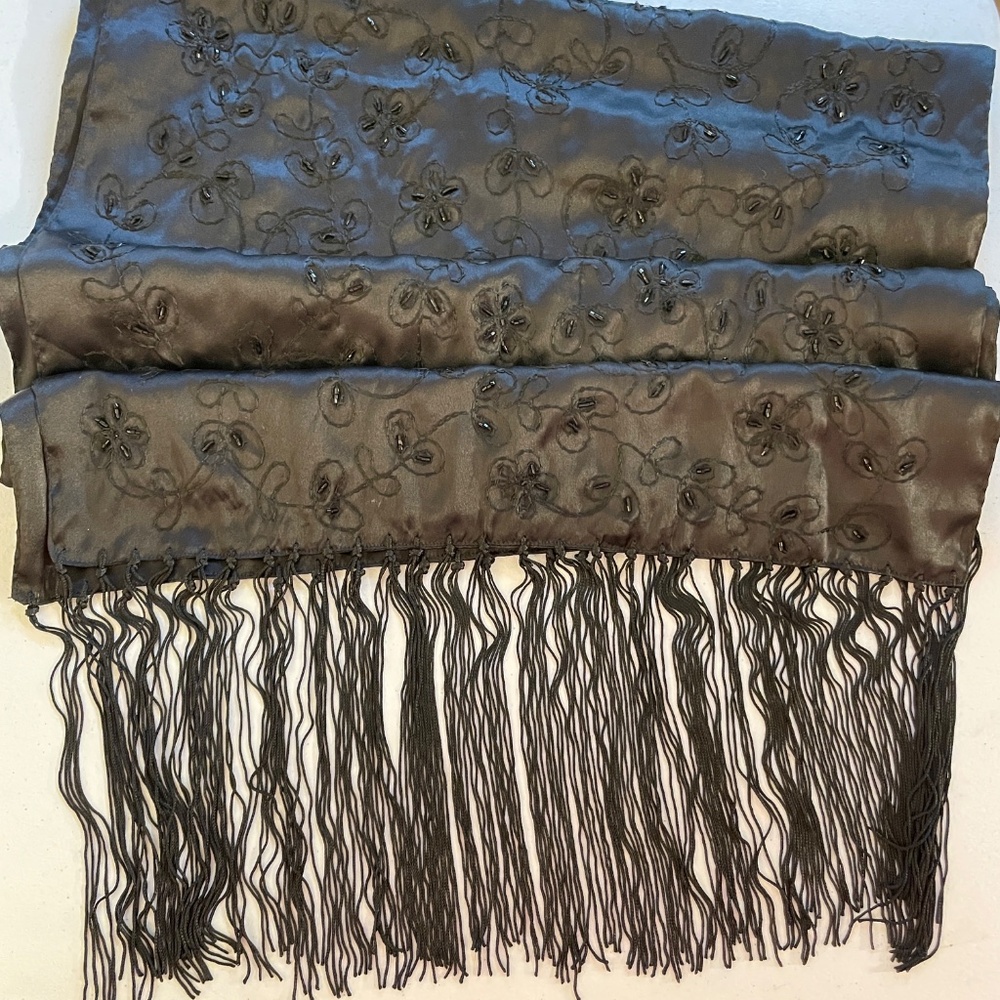 Blqck Fringed Wrap Shawl Beaded Embroidered